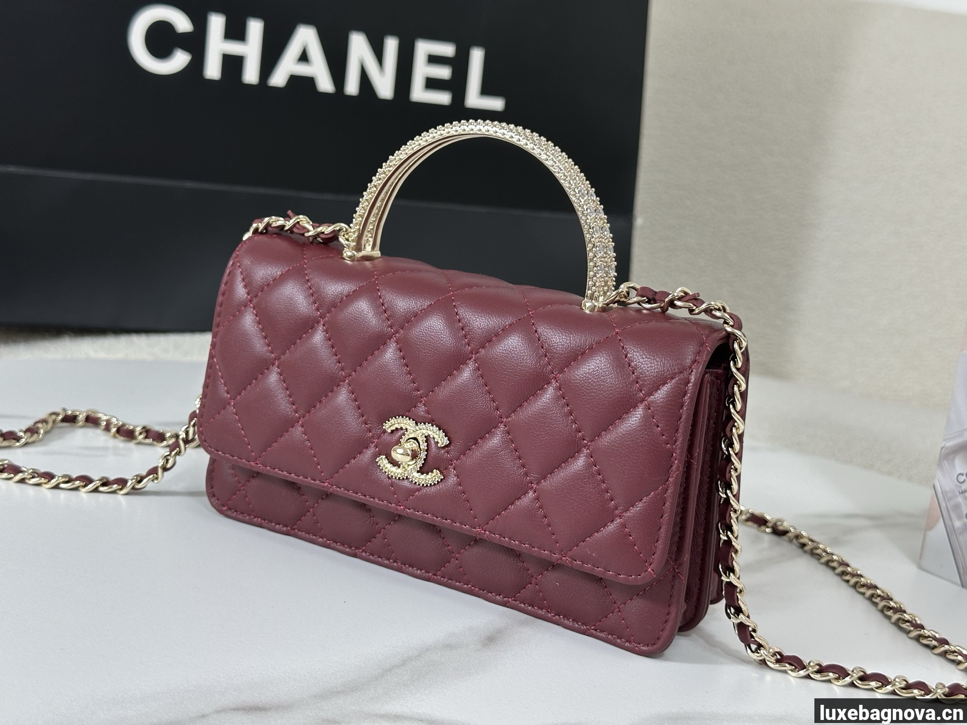 Chanel Lambskin Quilted Pick Me Up Wallet On Chain WOC Burgundy