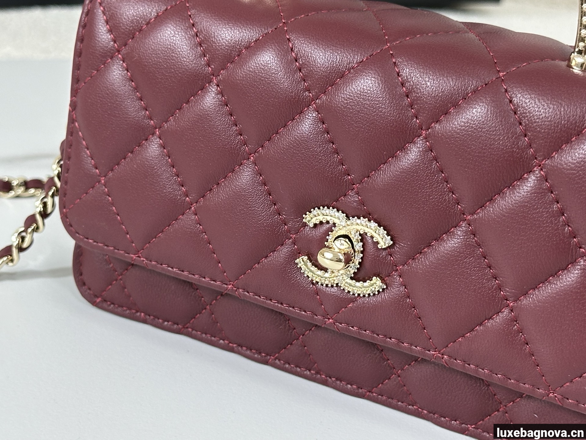 Chanel Lambskin Quilted Pick Me Up Wallet On Chain WOC Burgundy