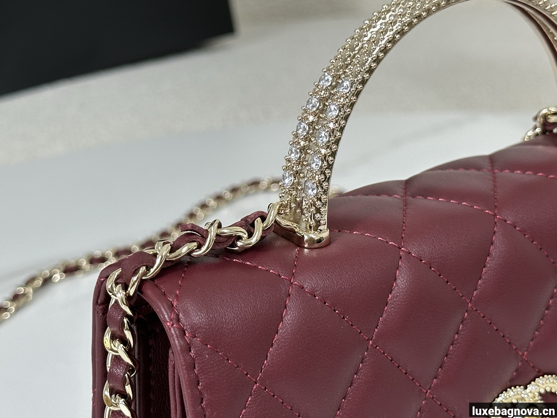 Chanel Lambskin Quilted Pick Me Up Wallet On Chain WOC Burgundy