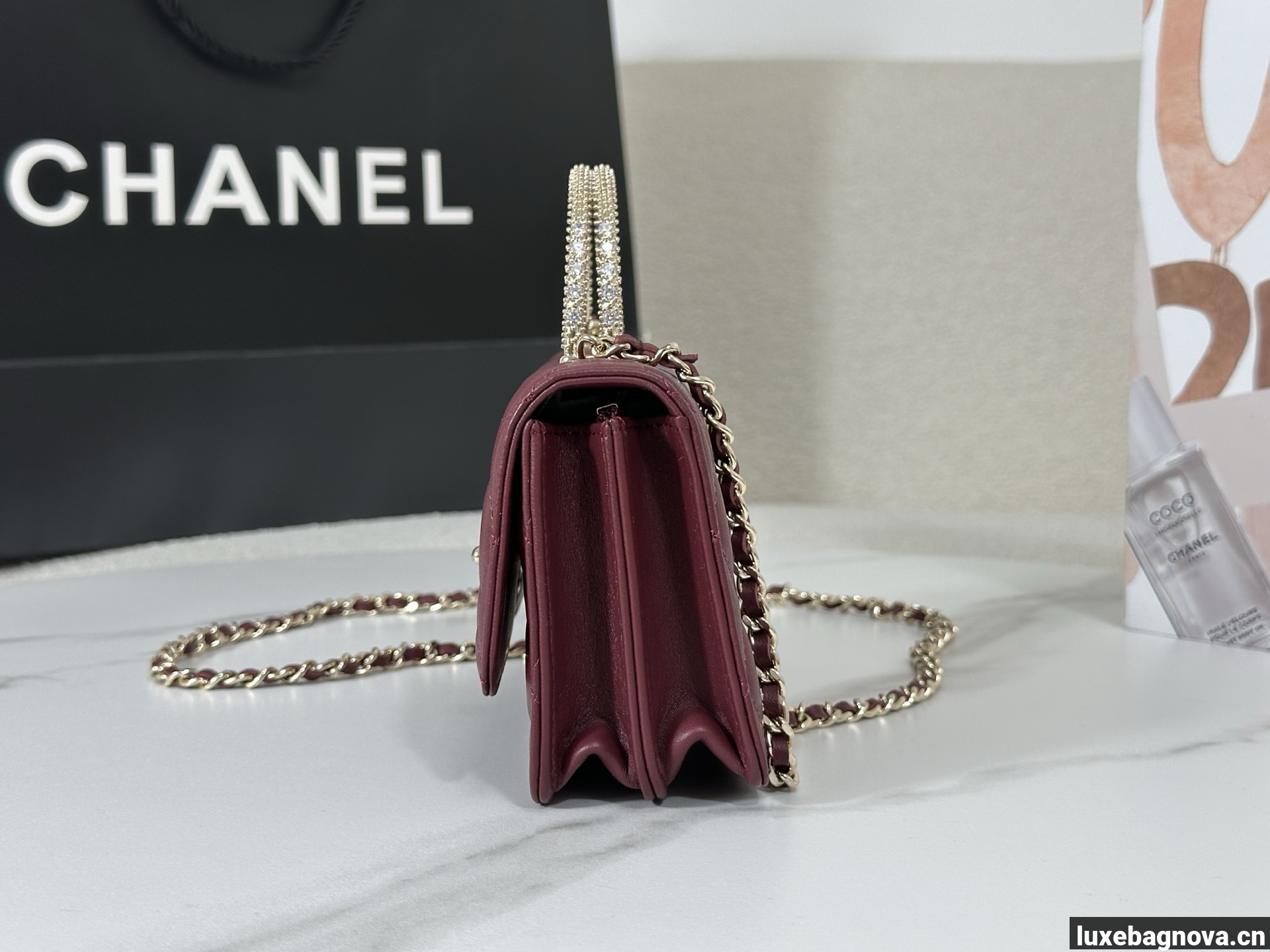 Chanel Lambskin Quilted Pick Me Up Wallet On Chain WOC Burgundy