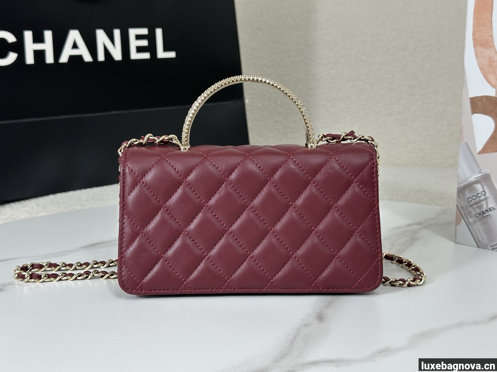 Chanel Lambskin Quilted Pick Me Up Wallet On Chain WOC Burgundy