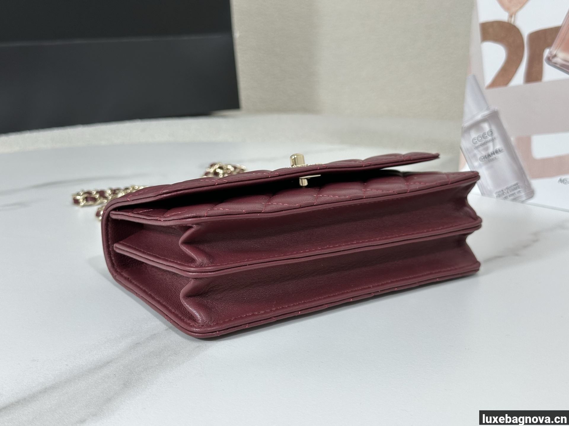 Chanel Lambskin Quilted Pick Me Up Wallet On Chain WOC Burgundy