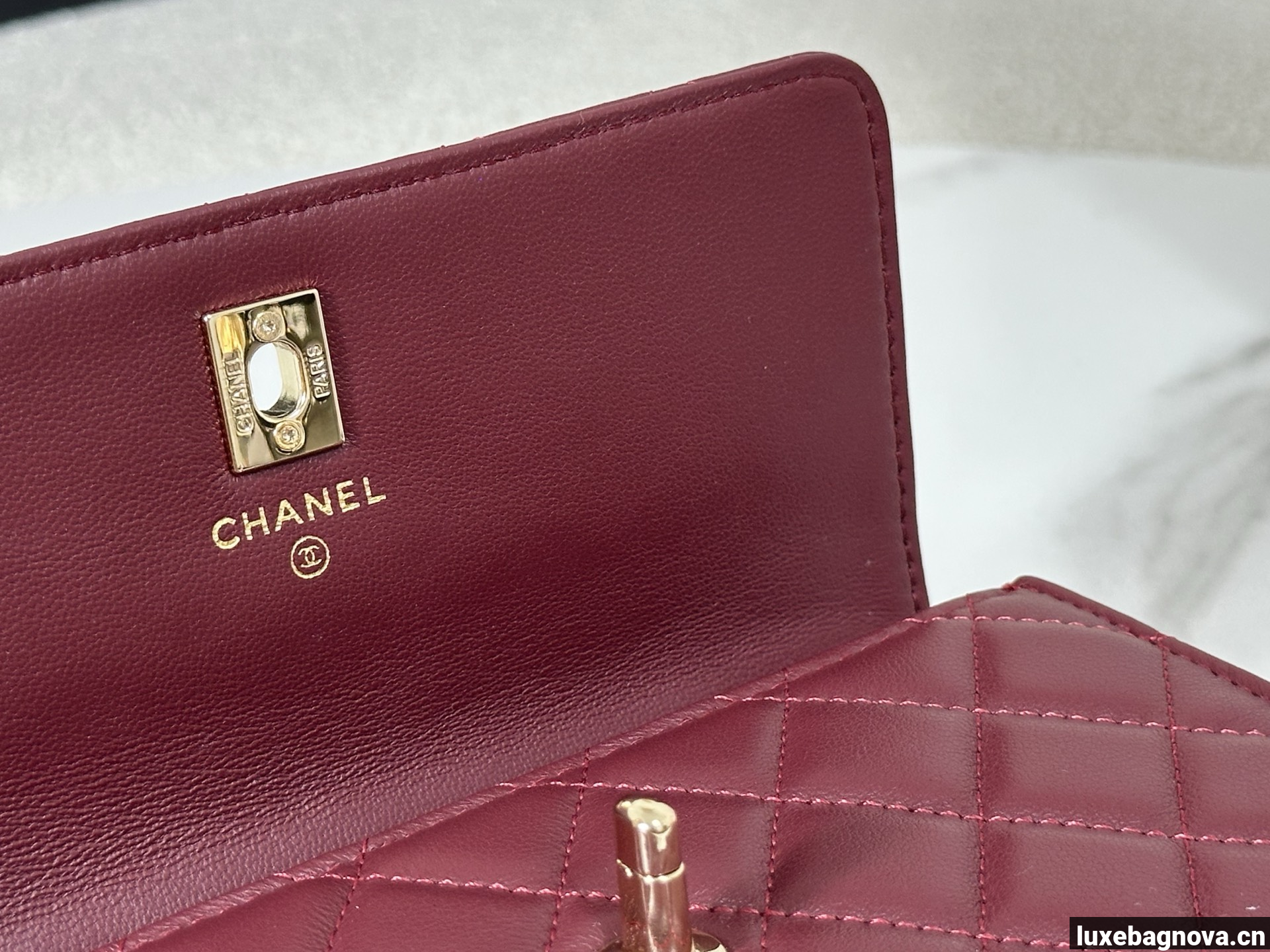 Chanel Lambskin Quilted Pick Me Up Wallet On Chain WOC Burgundy
