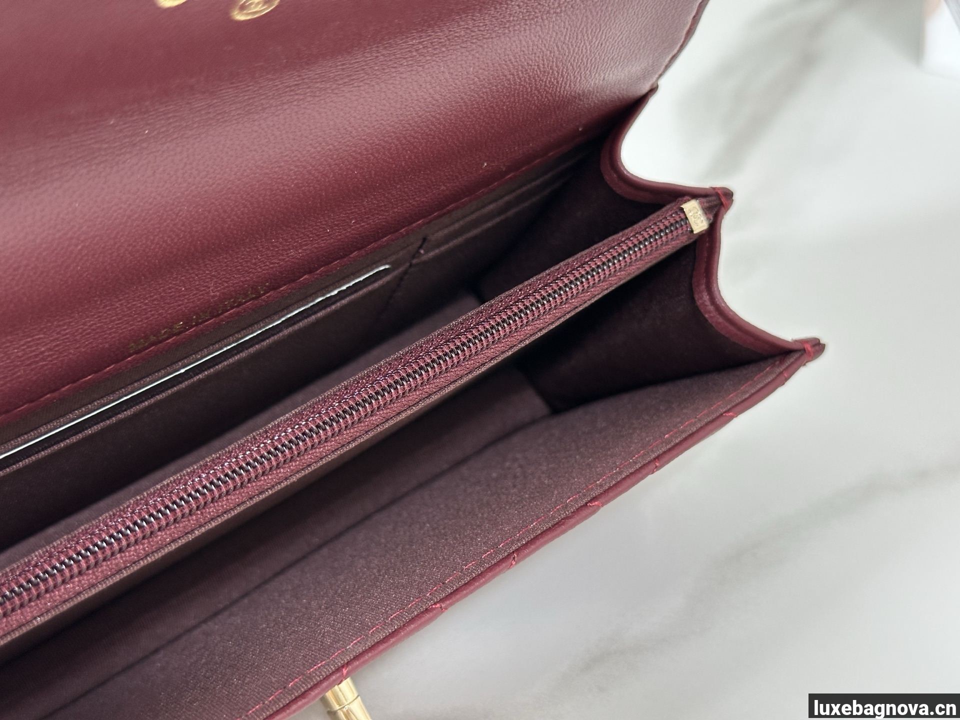 Chanel Lambskin Quilted Pick Me Up Wallet On Chain WOC Burgundy