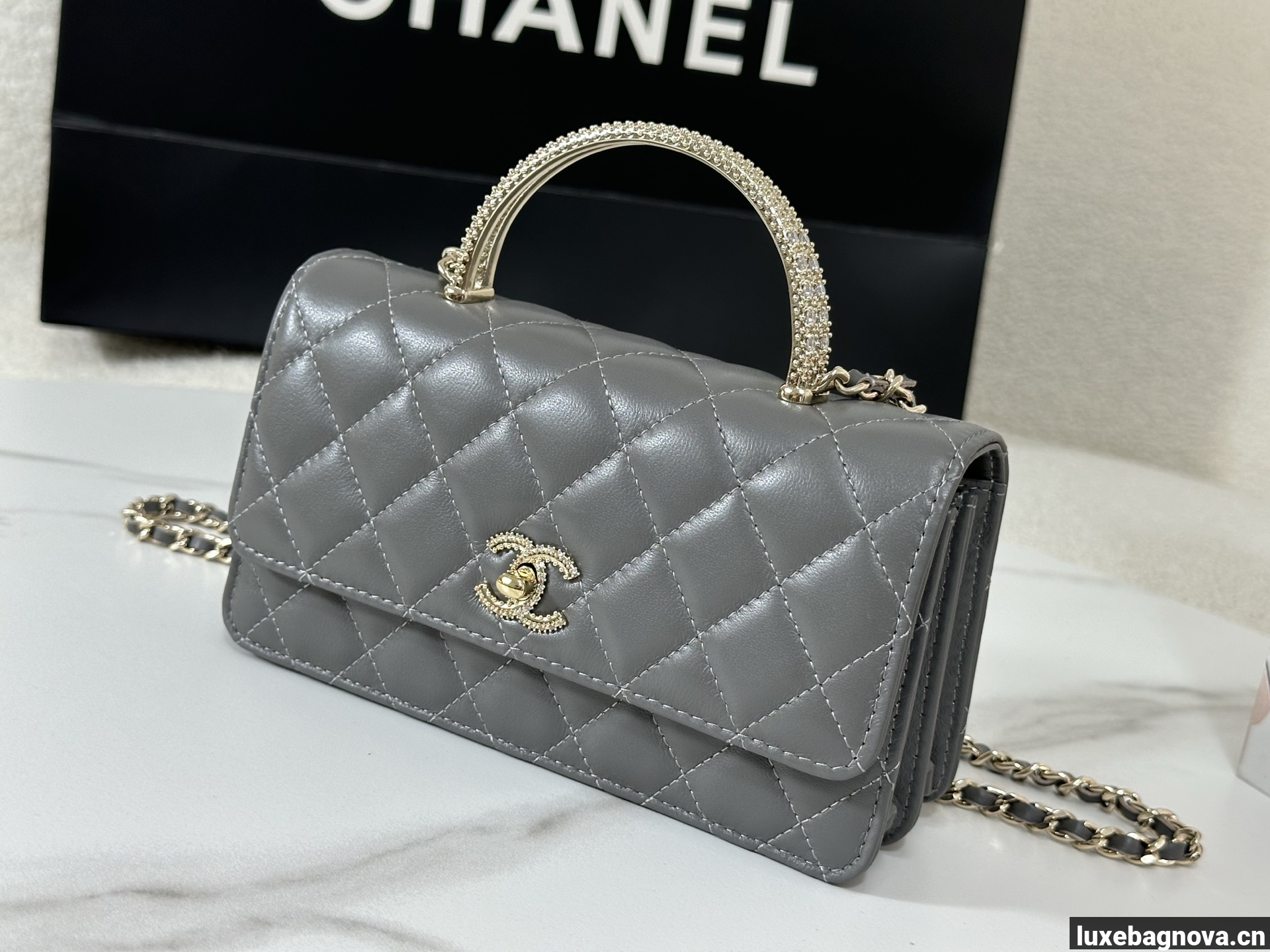 Chanel Lambskin Quilted Pick Me Up Wallet On Chain WOC Grey