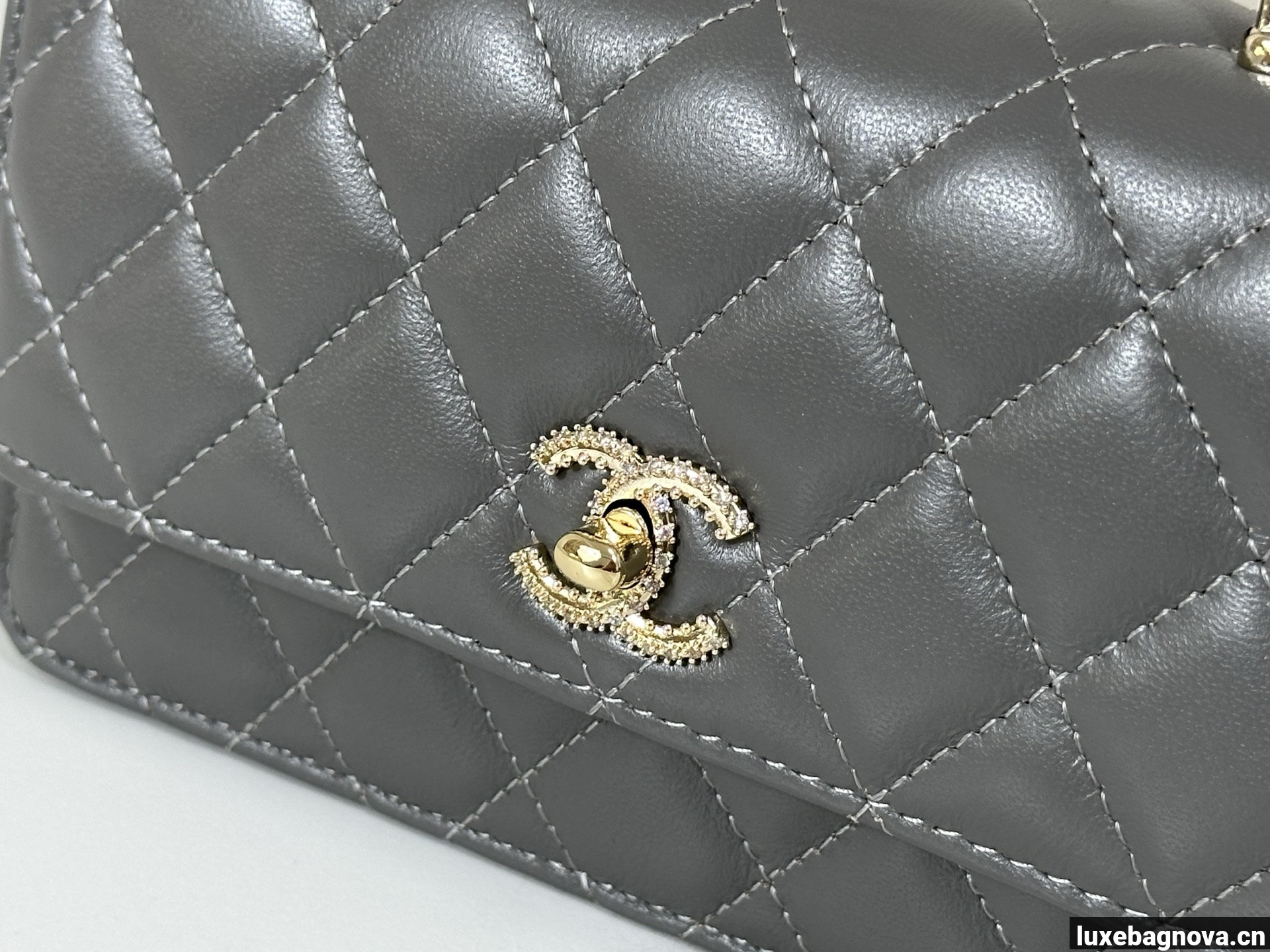 Chanel Lambskin Quilted Pick Me Up Wallet On Chain WOC Grey