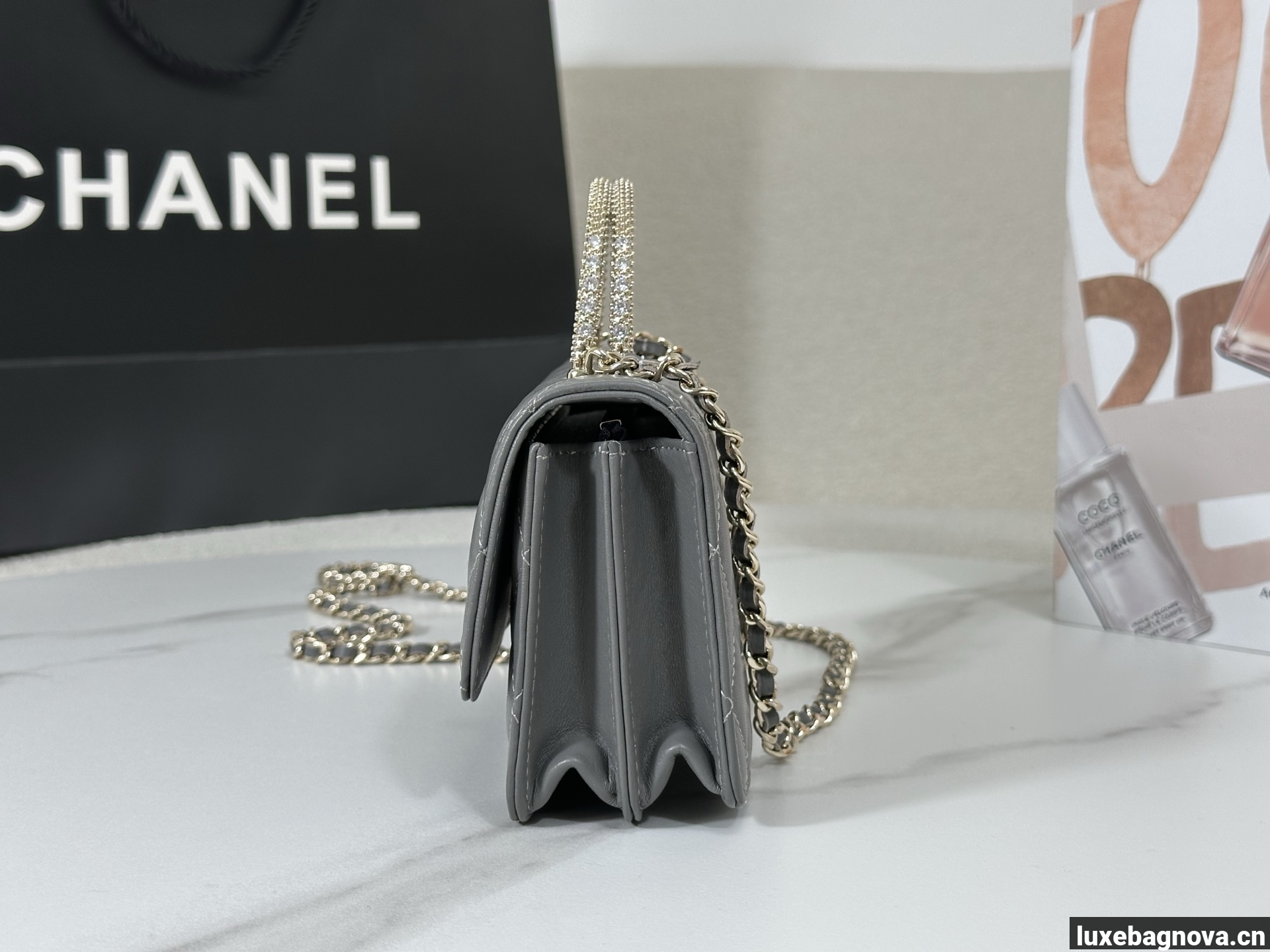 Chanel Lambskin Quilted Pick Me Up Wallet On Chain WOC Grey