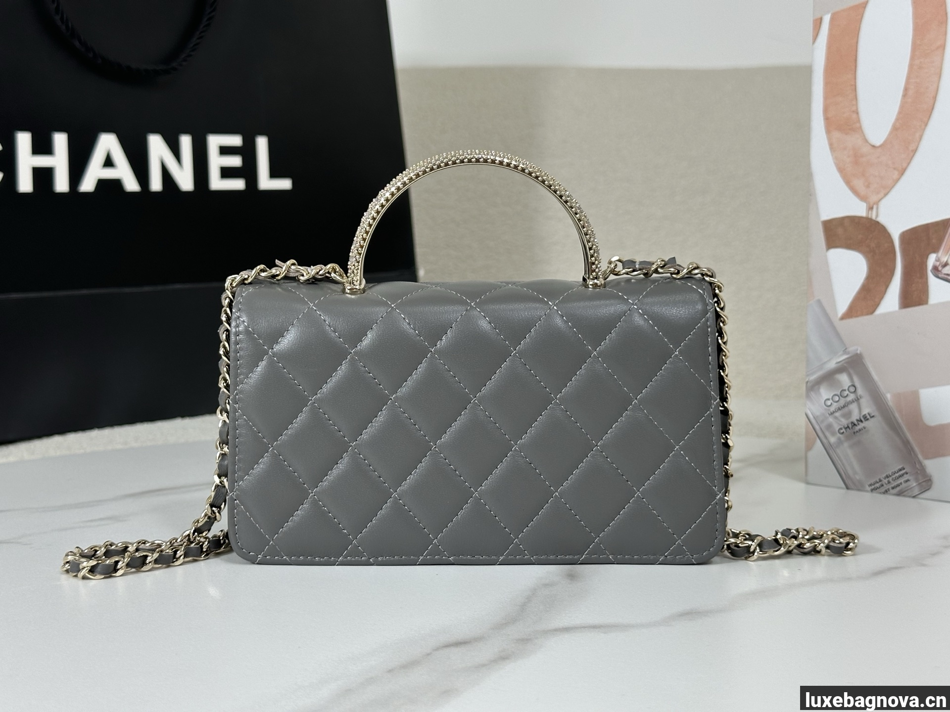 Chanel Lambskin Quilted Pick Me Up Wallet On Chain WOC Grey