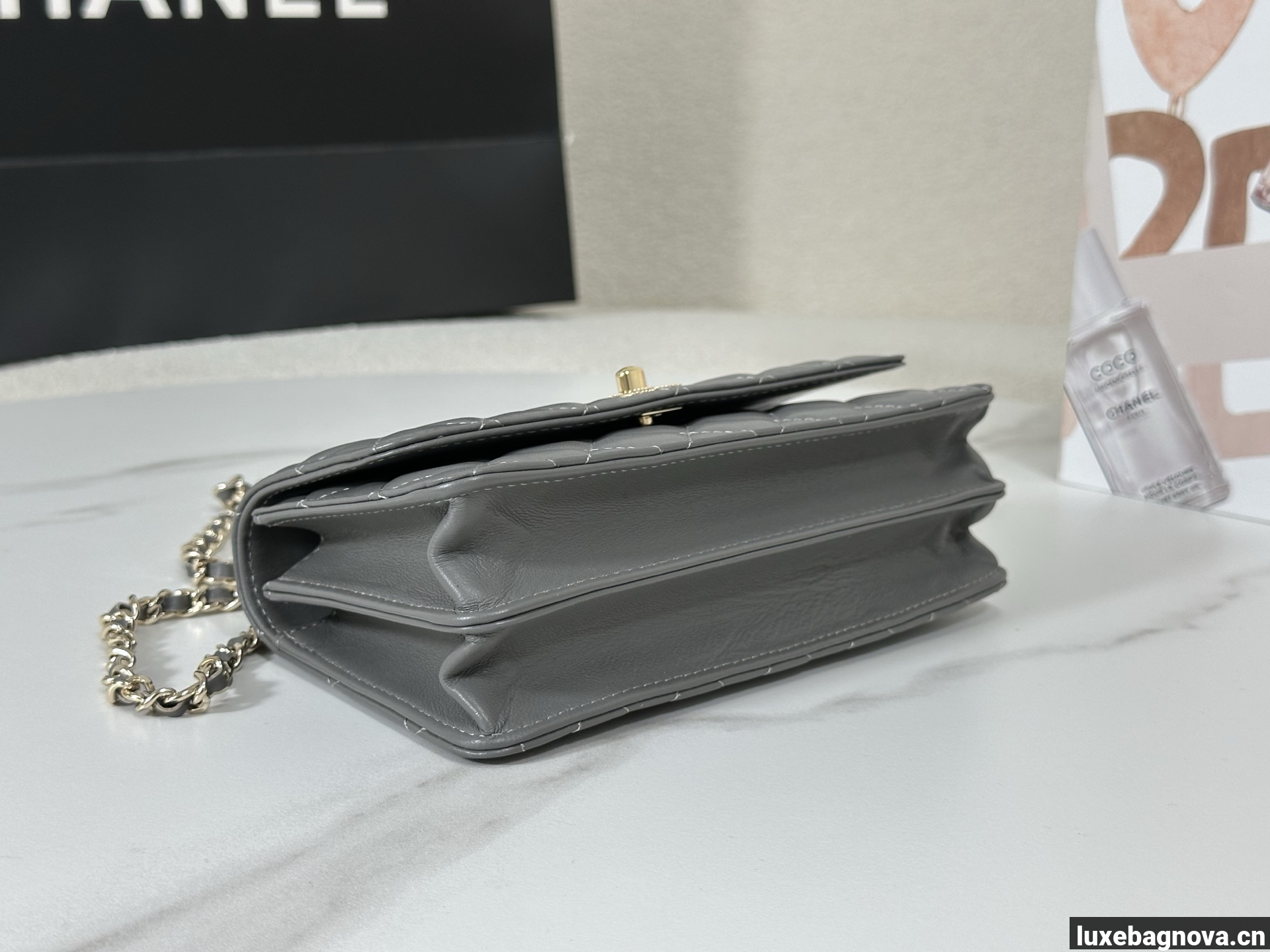 Chanel Lambskin Quilted Pick Me Up Wallet On Chain WOC Grey