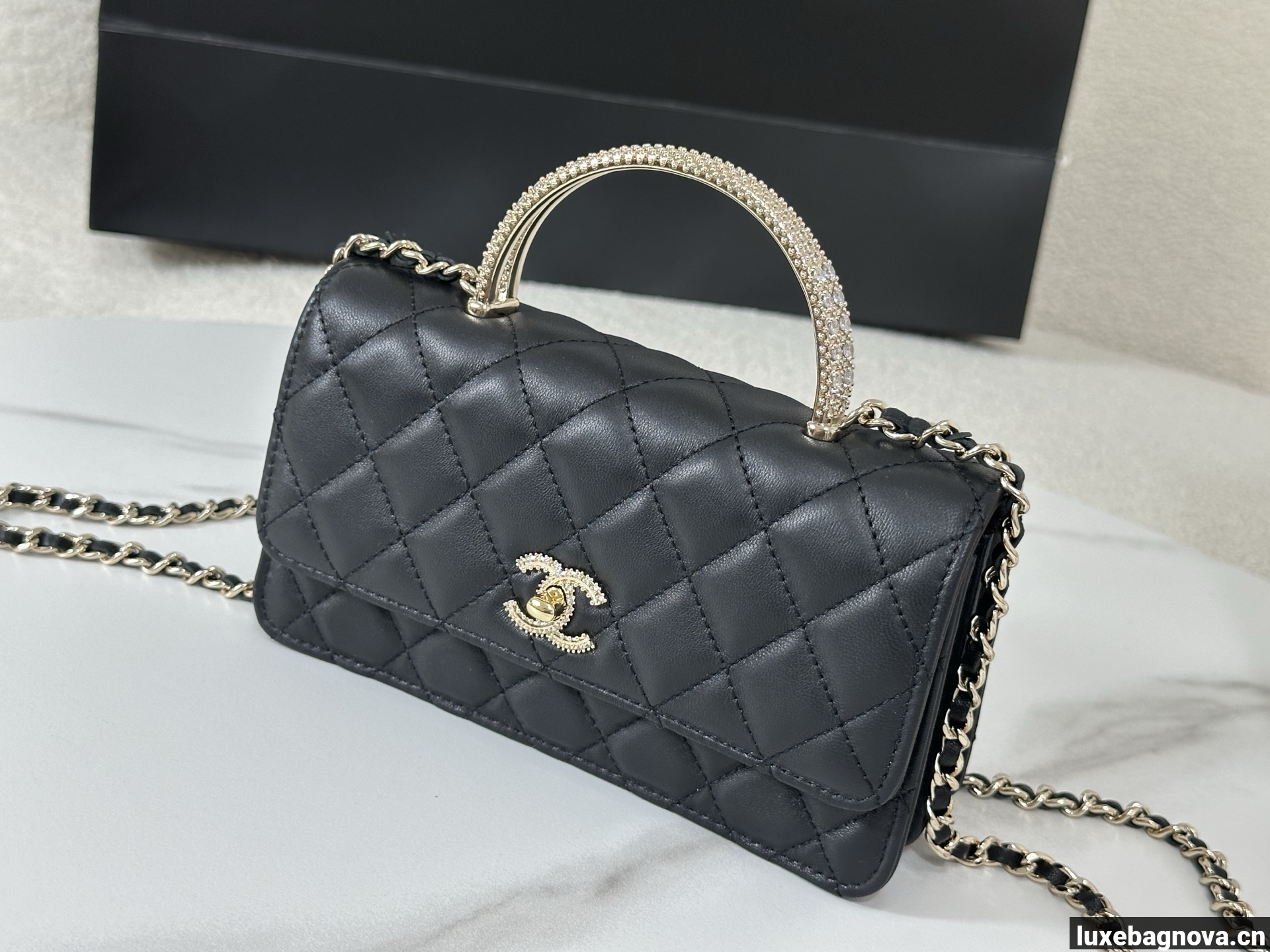 Chanel Lambskin Quilted Pick Me Up Wallet On Chain WOC Black