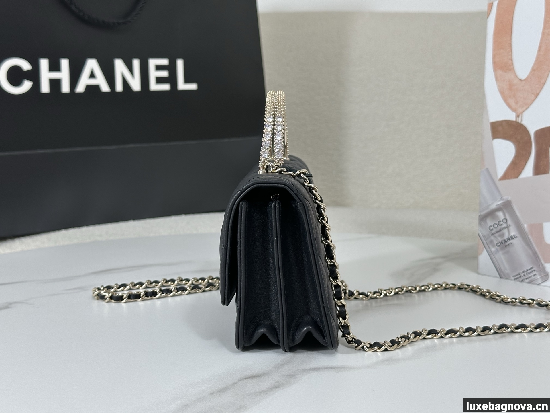 Chanel Lambskin Quilted Pick Me Up Wallet On Chain WOC Black