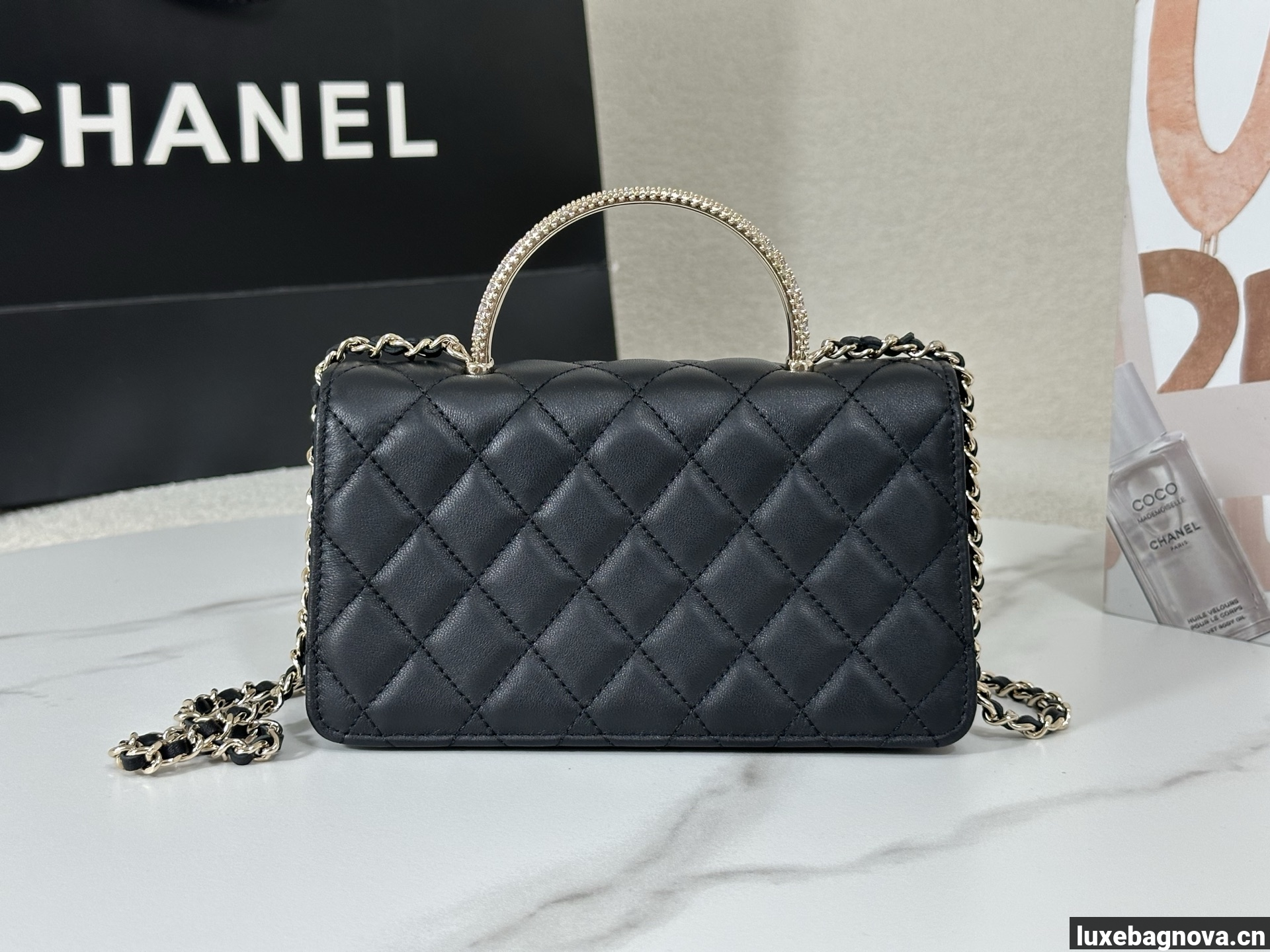 Chanel Lambskin Quilted Pick Me Up Wallet On Chain WOC Black