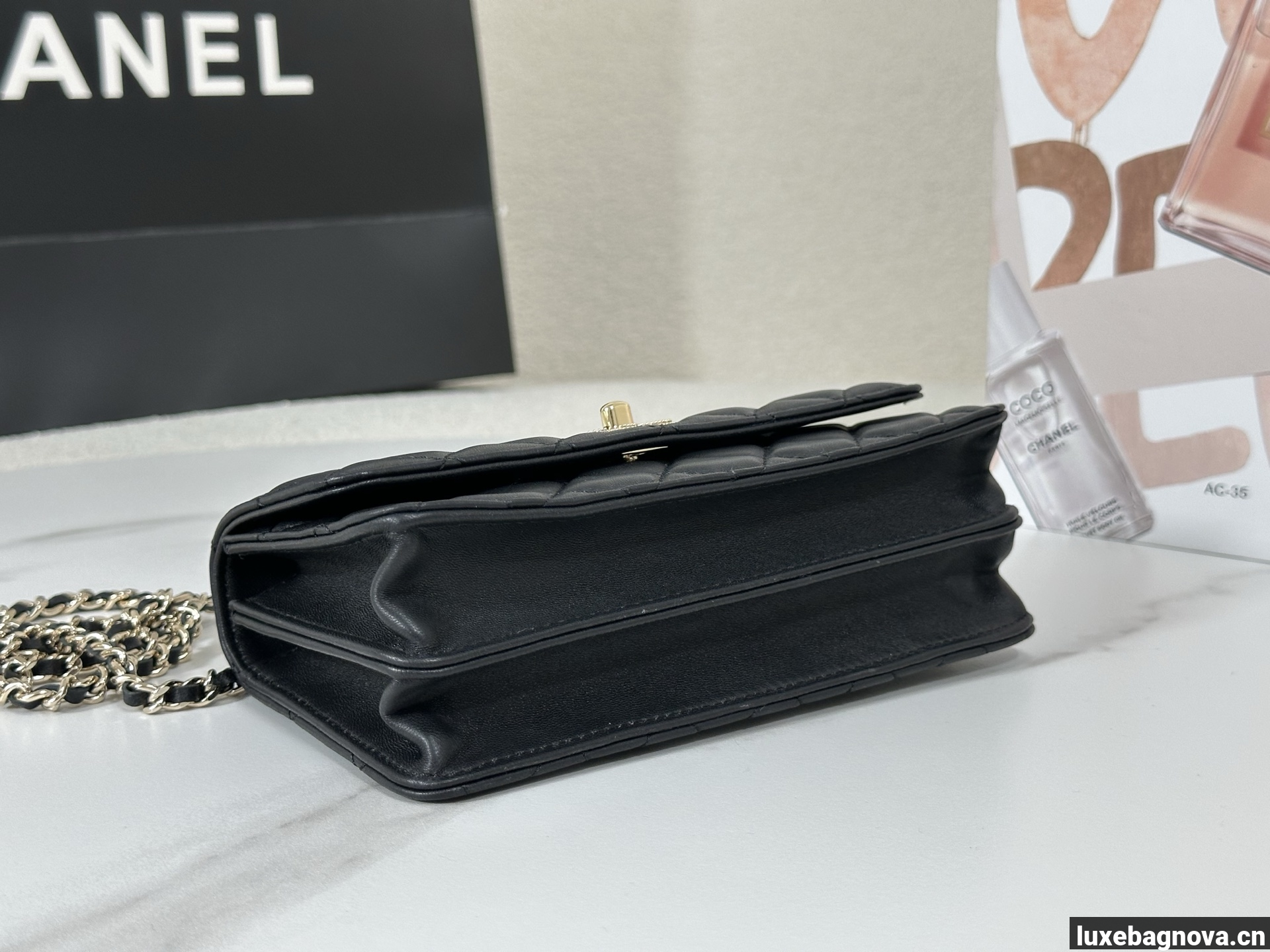 Chanel Lambskin Quilted Pick Me Up Wallet On Chain WOC Black