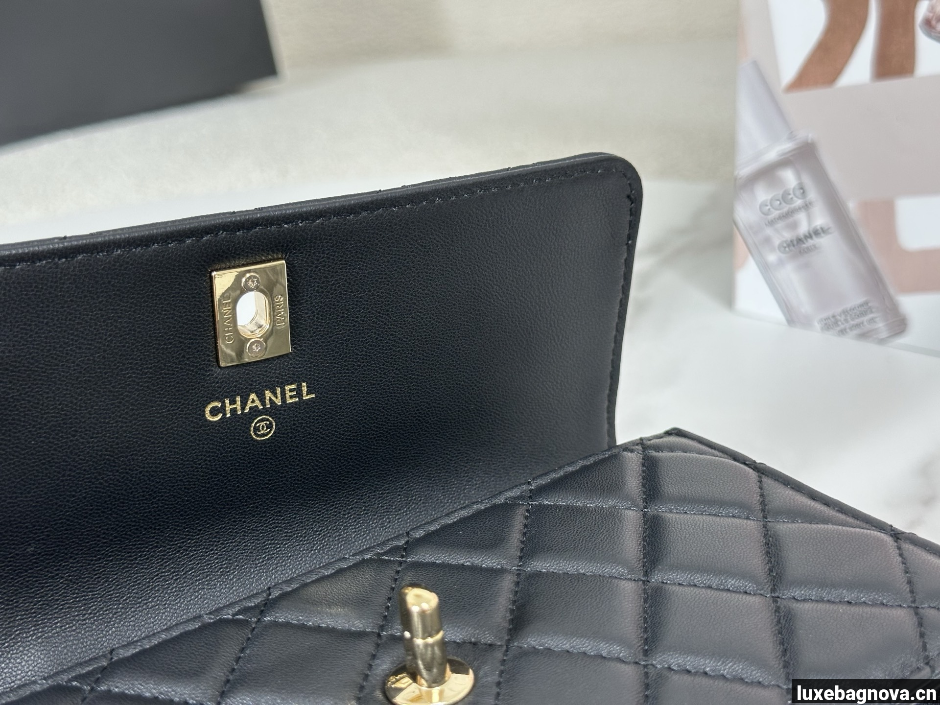 Chanel Lambskin Quilted Pick Me Up Wallet On Chain WOC Black