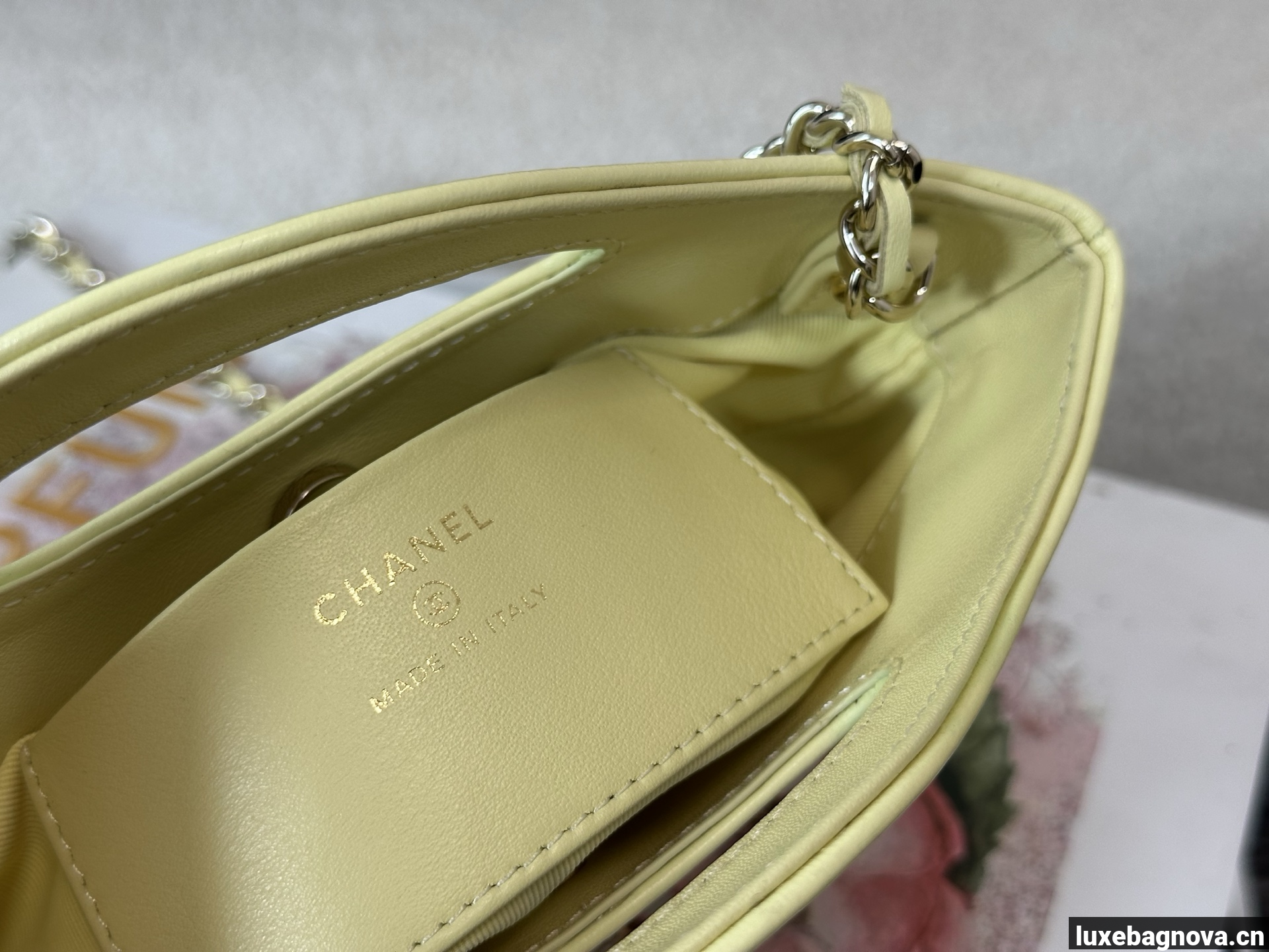 Chanel Yellow quilted leather mini tote bag with chain shoulder strap