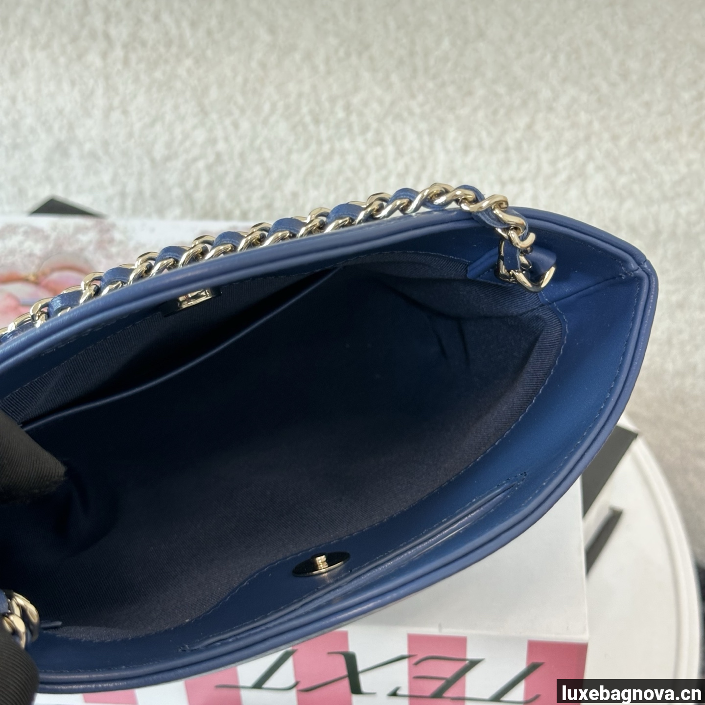 Chanel Blue quilted leather mini tote bag with chain shoulder strap