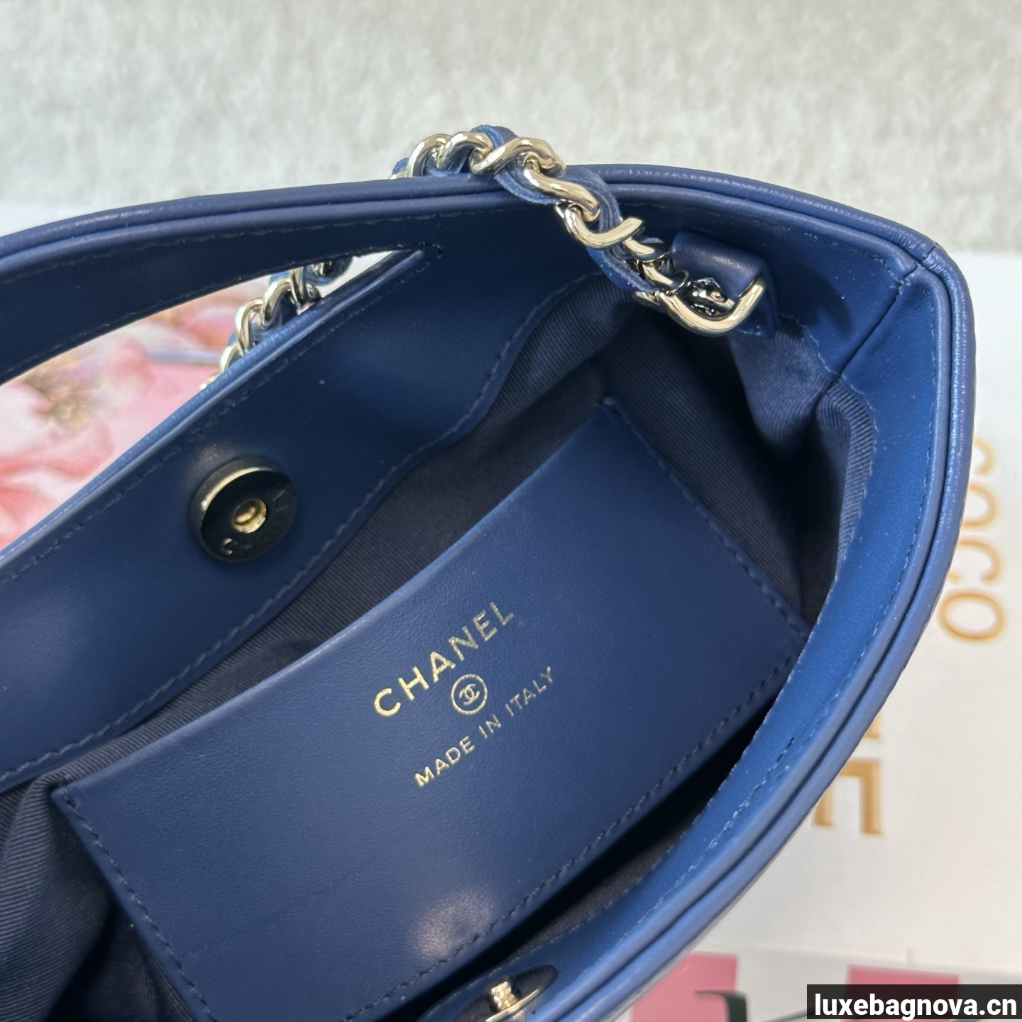 Chanel Blue quilted leather mini tote bag with chain shoulder strap