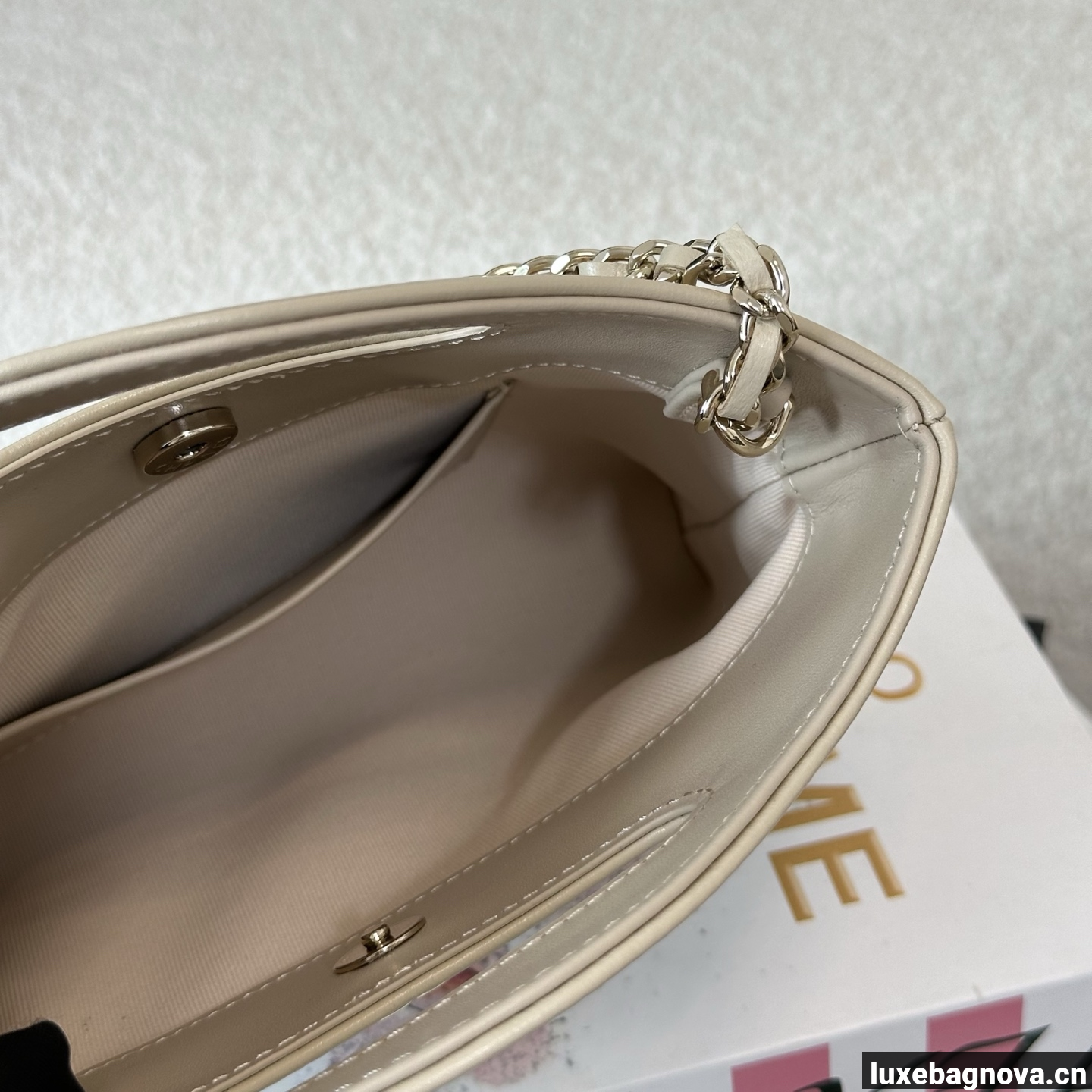 Chanel Beige quilted leather mini tote bag with chain shoulder strap