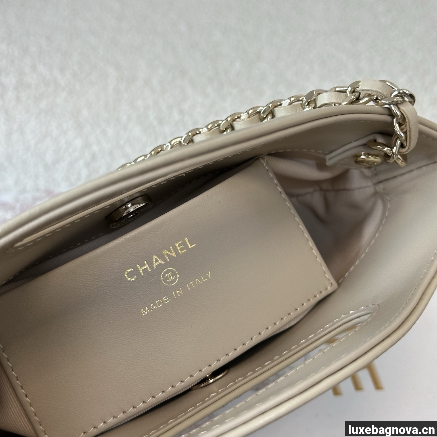 Chanel Beige quilted leather mini tote bag with chain shoulder strap