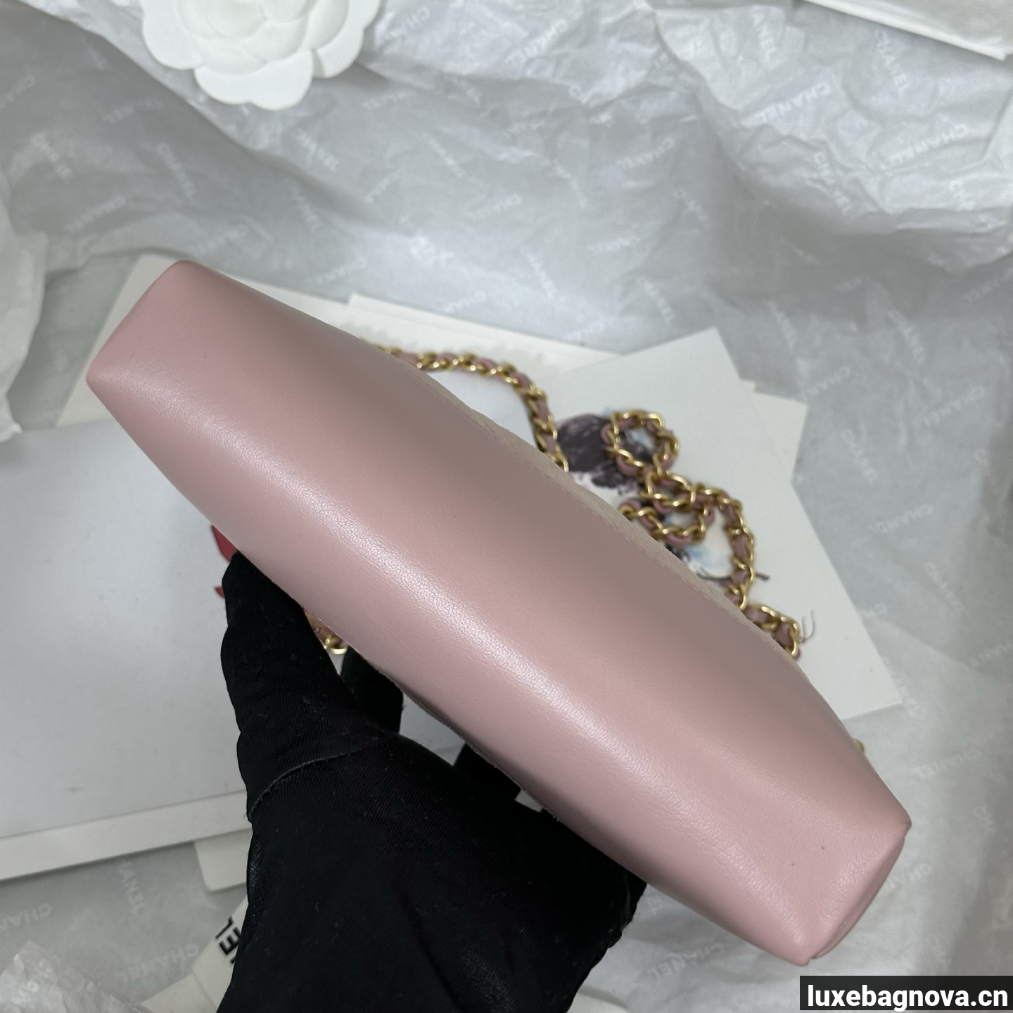 Chanel Light Pink quilted leather mini tote bag with chain shoulder strap