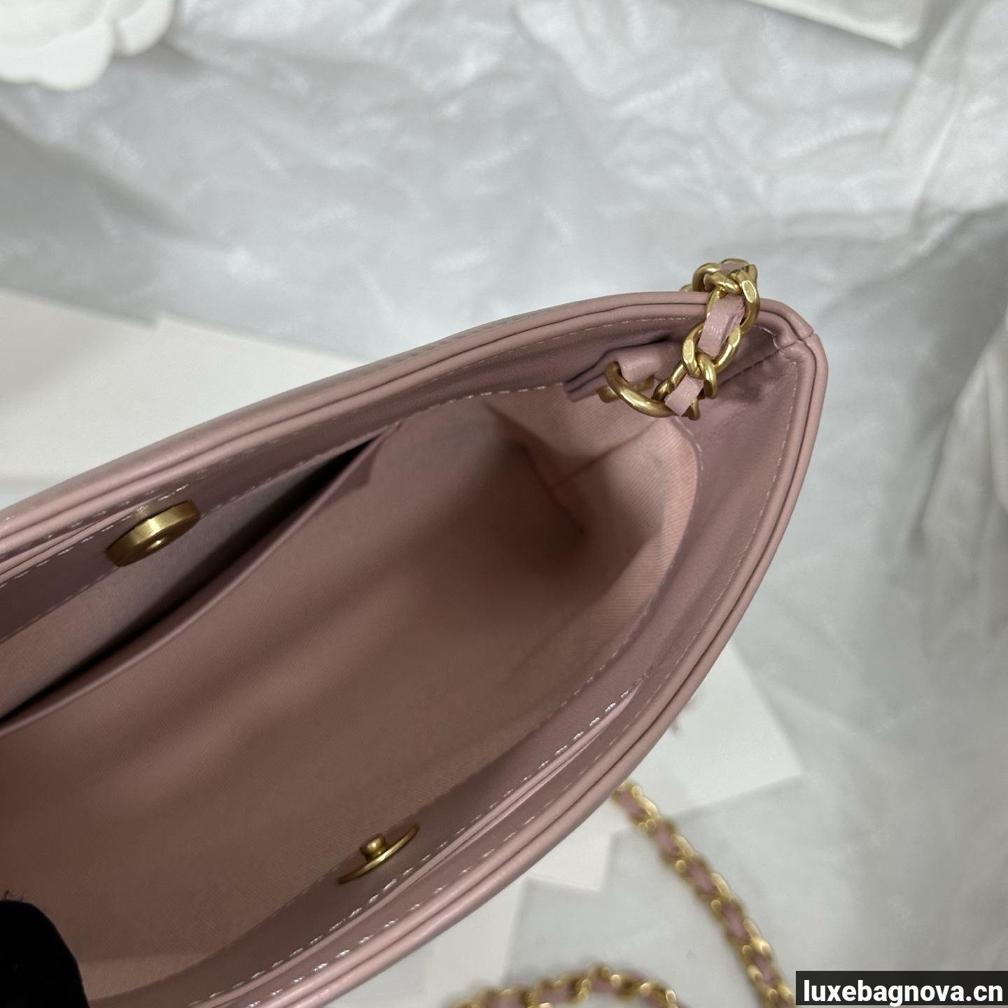 Chanel Light Pink quilted leather mini tote bag with chain shoulder strap