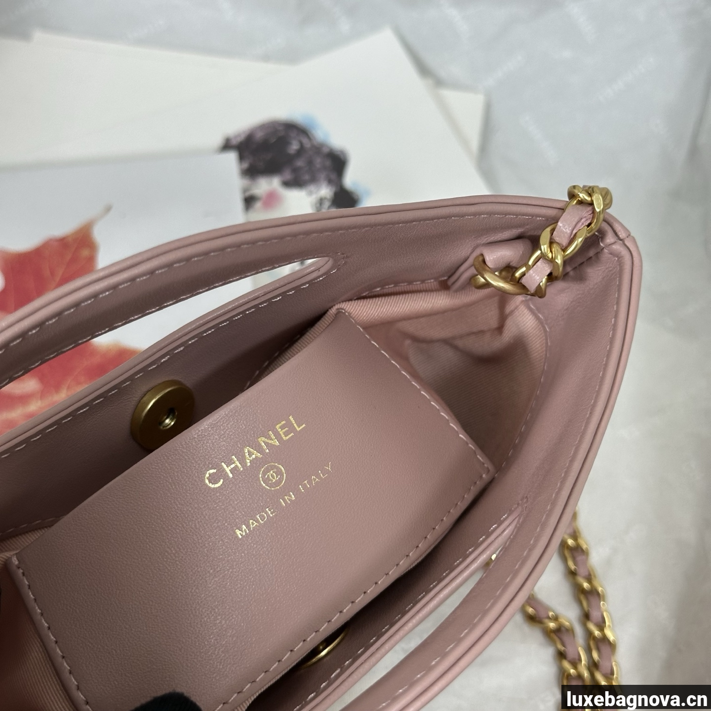 Chanel Light Pink quilted leather mini tote bag with chain shoulder strap