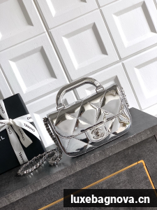 Chanel 25K Original Patent Leather Top Handle Bag A6320 Silver