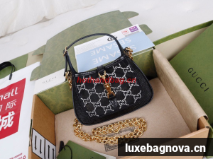 Gucci Jackie 1961 mini crystal GG lizard hobo mesh bag 637091 black