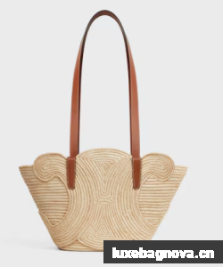 CELINE CLASSIC PANIER SMALL BRAIDED TRIOMPHE in RAFFIA and CALFSKIN 117022 TAN