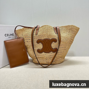 CELINE CLASSIC PANIER SMALL BRAIDED TRIOMPHE in RAFFIA and CALFSKIN 119682 TAN