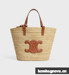 CELINE TEEN SUPPLE CELINE CLASSIC PANIER IN RAFFIA AND CALFSKIN 115802 TAN