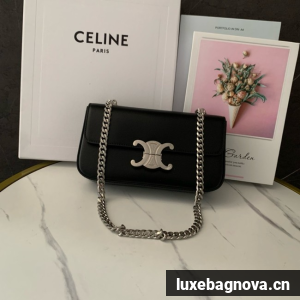 Celine CHAIN SHOULDER BAG TRIOMPHE IN SHINY CALFSKIN 197992 black&Silver Hardware