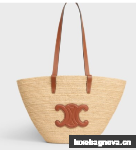 Celine MEDIUM SUPPLE CELINE CLASSIC PANIER IN RAFFIA AND CALFSKIN 114342 TAN