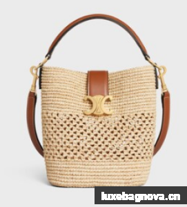 Celine SMALL LOUISE BUCKET IN RAFFIA AND CALFSKIN 119173 NATURAL & TAN