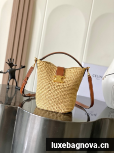 Celine SMALL LOUISE BUCKET IN RAFFIA AND CALFSKIN A119173 NATURAL & TAN