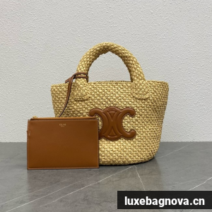 Celine TEEN NINO BAG IN RAFFIA WITH TRIOMPHE EMBROIDERIES 116388 NATURAL & TAN