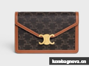 Celine WALLET ON CHAIN MARGO IN TRIOMPHE CANVAS AND CALFSKIN 10L033 TAN