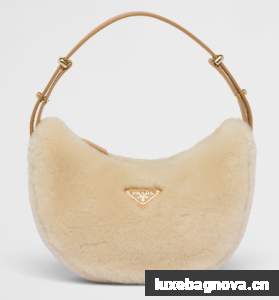 Prada Arque shearling and leather shoulder bag 1BC194 Ecru&Noisette