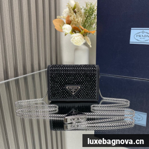 Prada Duchesse card holder with shoulder strap 1MR024 black