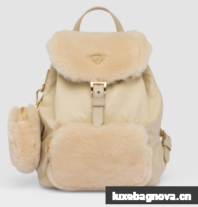 Prada Re-Nylon and shearling backpack 1BZ074 Desert Beige