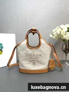 Prada small linen blend and leather tote bag Fabric&leather 1BE074