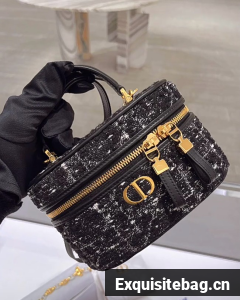 Dior Caro Mini Vanity Case Black Cannage Tweed S5198U