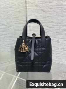Small Dior Toujours Vertical Tote Bag Macrocannage Crinkled Calfskin M2835 black &gold