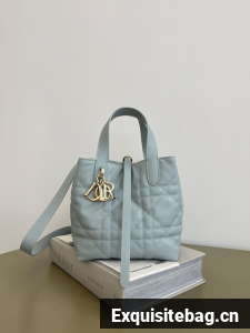 Small Dior Toujours Vertical Tote Bag Macrocannage Crinkled Calfskin M2835 light blue