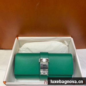 Hermes H Medor swift Leather Clutch 37566 green&Silver hardware
