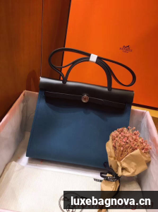 Hermes Herbag 31CM Original Canvas Leather & Calfskin 45987 Blue&Black
