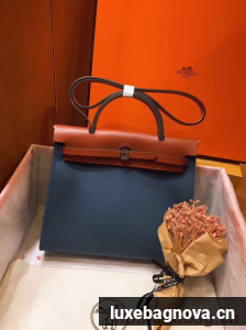 Hermes Herbag 31CM Original Canvas Leather & Calfskin 45987 Blue&Brown