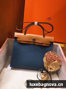 Hermes Herbag 31CM Original Canvas Leather & Calfskin 45987 Blue&Apricot