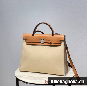Hermes Herbag 31CM Original Canvas Leather & Calfskin 48887 Offwhite&Camel