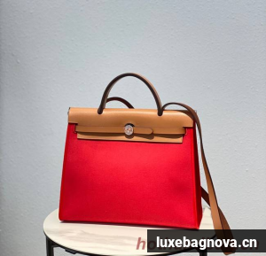 Hermes Herbag 31CM Original Canvas Leather & Calfskin 48887 red&brown